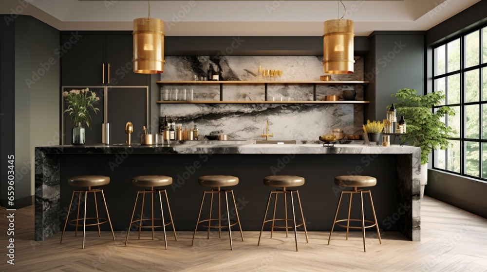Bring the bar home with a black marble counter. A brushed metal footrest and pendant lights set the scene for stylish gatherings.