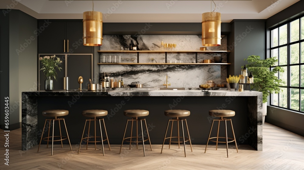 Bring the bar home with a black marble counter. A brushed metal footrest and pendant lights set the scene for stylish gatherings. Bring the bar home with a black marble counter. A brushed metal footrest and pendant lights set the scene for stylish gatherings.