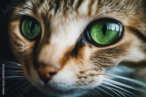 close up of a cat looking up, green eye