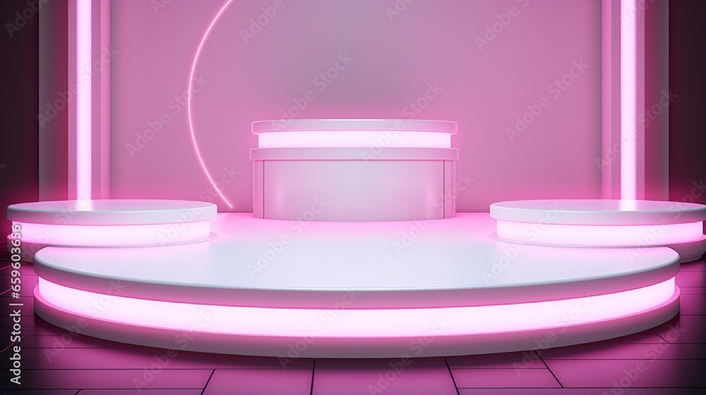 A set of white cute podium in different shapes. Mock-up for exhibitions or presentation of cosmetic products or packaging and brightning with neon lights A set of white cute podium in different shapes. Mock-up for exhibitions or presentation of cosmetic products or packaging and brightning with neon lights