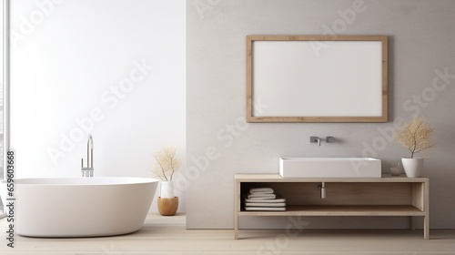 Minimalistic bathroom with an empty frame above a porcelain sink.