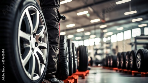 Mechanician and car wheels in auto repair shop. Car manufacturer or workshop.