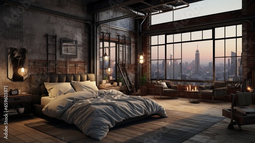 City loft bedroom with industrial design.
