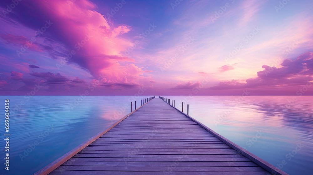  a pier extending into the ocean with a pink sky in the background.  generative ai