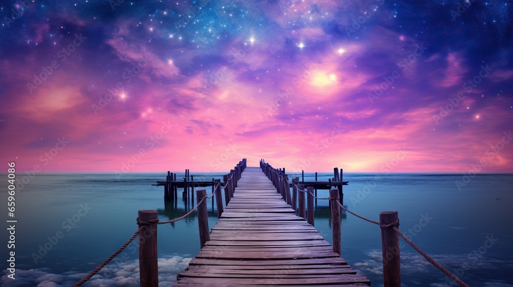  a pier with a sky full of stars in the background.  generative ai