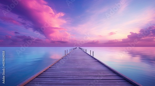  a pier extending into the ocean with a pink sky in the background. generative ai