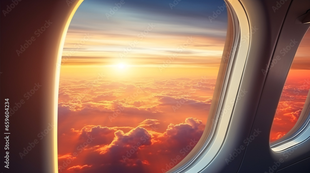 A stunning sunset sky above the clouds, bathed in dramatic light, as seen from the cabin window of an airplane. A stunning sunset sky above the clouds, bathed in dramatic light, as seen from the cabin window of an airplane.