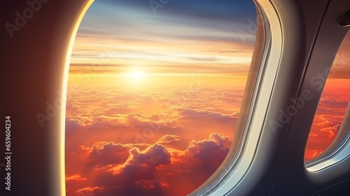 A stunning sunset sky above the clouds, bathed in dramatic light, as seen from the cabin window of an airplane.