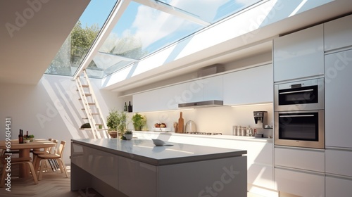 Cook in a kitchen with a large skylight and minimalist colors. © ZUBI CREATIONS