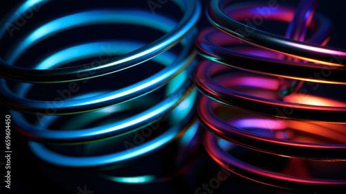 Under neon lighting against a dark canvas, we scrutinize a metal spring's tightly wound coils, known for their robust strength and elasticity.. photo
