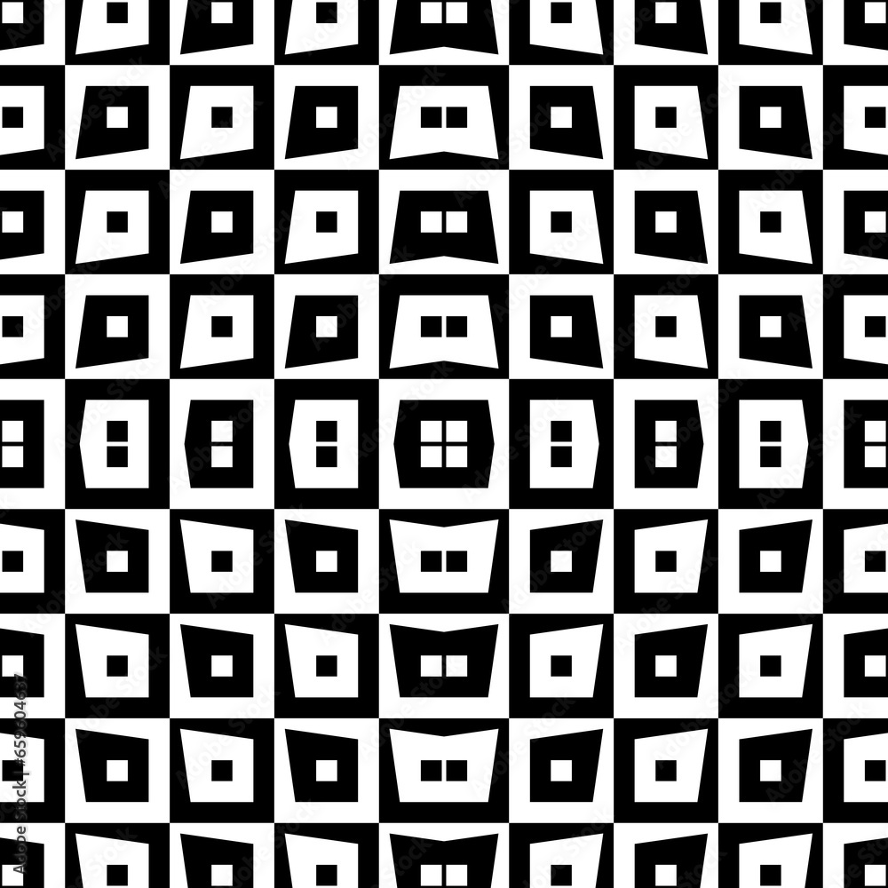 Repeated black figures on white background. Ethnic wallpaper. Seamless surface pattern design with quadrangles ornament. Polygons motif. Digital paper for textile print, web designing. Vector art Repeated black figures on white background. Ethnic wallpaper. Seamless surface pattern design with quadrangles ornament. Polygons motif. Digital paper for textile print, web designing. Vector art