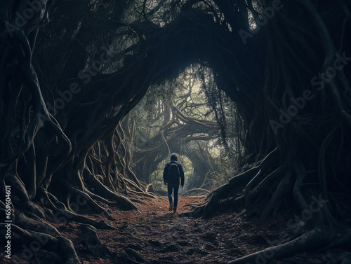 A lone figure navigating through an ominous forest veiled in darkness, guided by entangled roots.