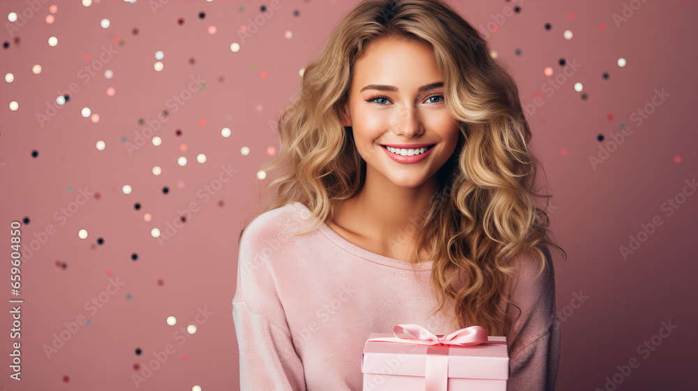 Photo portrait of excited blonde young woman holding gift box in two hands isolated on pastel pink coloured background with confetti, copy space Photo portrait of excited blonde young woman holding gift box in two hands isolated on pastel pink coloured background with confetti, copy space