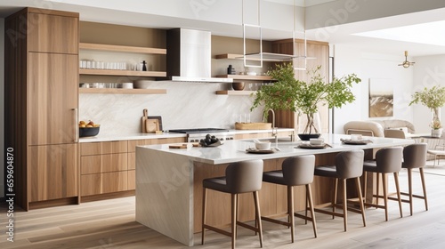 Cook up a storm in a neutral-toned kitchen with a waterfall island and sleek cabinetry. It's a chef's dream come true.