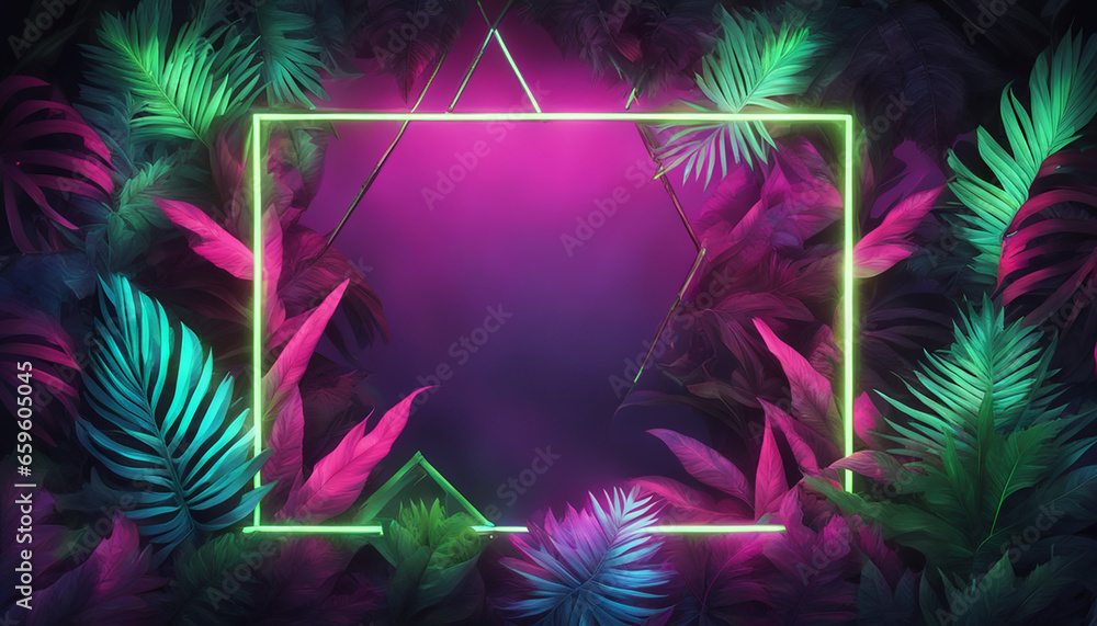 Tropical Leaves Illuminated with Blue and Green Fluorescent Light. Jungle Environment with Diamond shaped Neon Frame