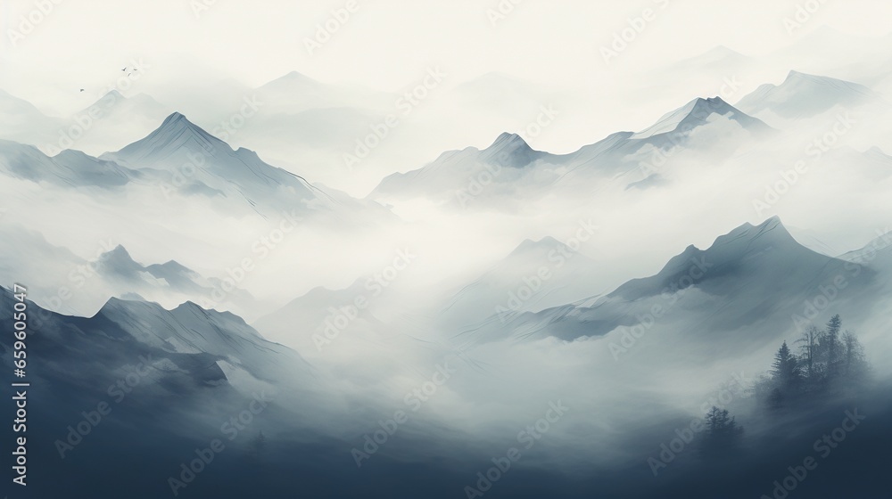  a painting of a mountain range in the foggy sky.  generative ai