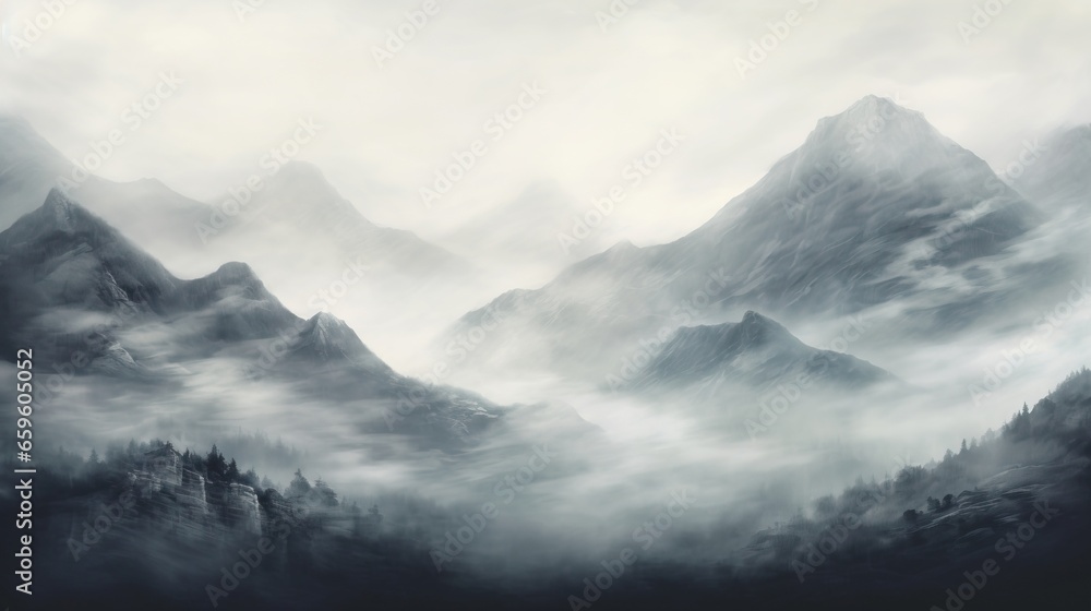 a painting of a mountain range in the foggy sky. generative ai a painting of a mountain range in the foggy sky. generative ai