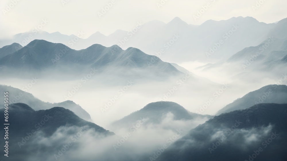  a mountain range covered in fog and low lying clouds in the foreground.  generative ai