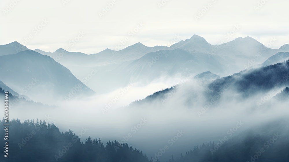  a mountain range covered in fog and low lying trees in the foreground.  generative ai