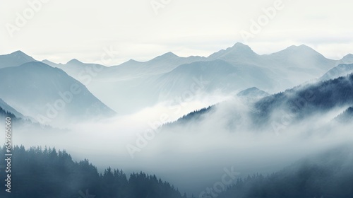  a mountain range covered in fog and low lying trees in the foreground. generative ai