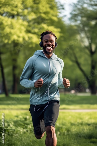 Sports as a lifestyle. Vertical photo of a young black athlete during jogging workout in city park. Jogging workout with your favorite music with online app.