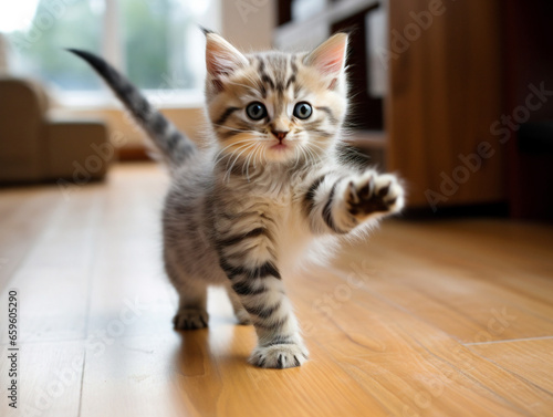 A cute kitten with a lot of energy and curiosity, chasing its own tail around.