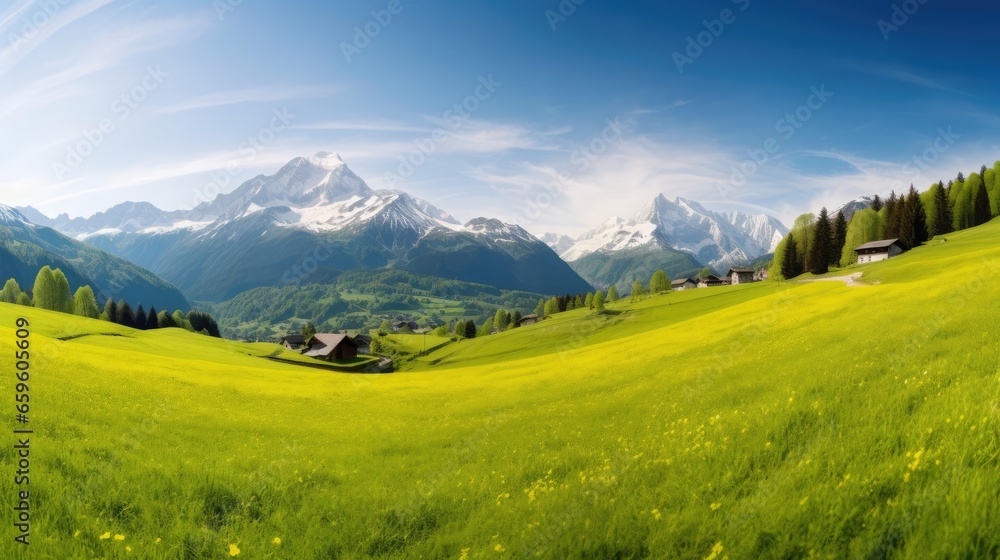 Idyllic mountain landscape in the Alps with blooming meadows in springtime 