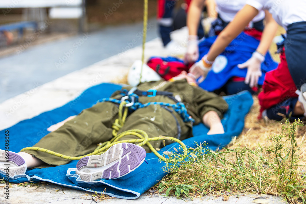 First aid after workplace accident. Construction worker or window cleaner fall. First aid after workplace accident. Construction worker or window cleaner fall.