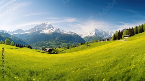 Idyllic mountain landscape in the Alps with blooming meadows in springtime 