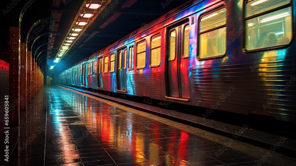  a subway train with its lights on at a train station.  generative ai