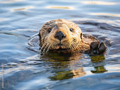A cheerful sea otter playfully floating on its back, basking in the beauty of the sea. © Szalai