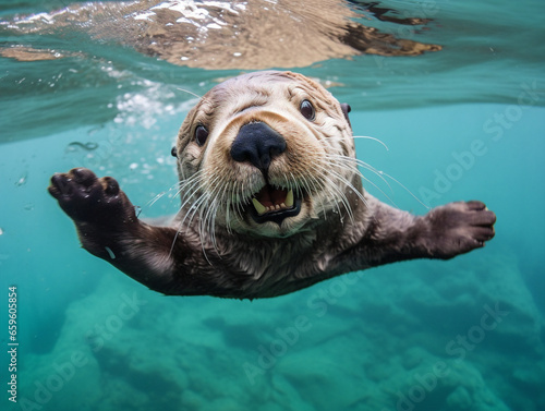 A joyful sea otter enjoying a relaxed float on its back in the ocean.