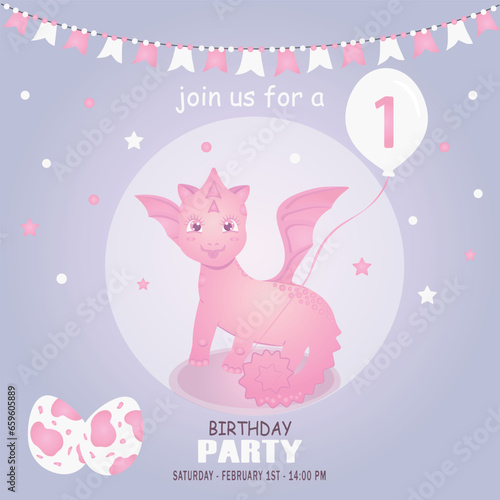 Cute baby girl dragon and dinosaur character, birthday invitation. 1 year. Vector illustration, eps 10 © Liliy