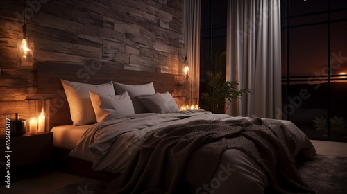 Drift into dreamland in a tranquil bedroom with earthy tones, textured fabrics, and ambient lighting.
