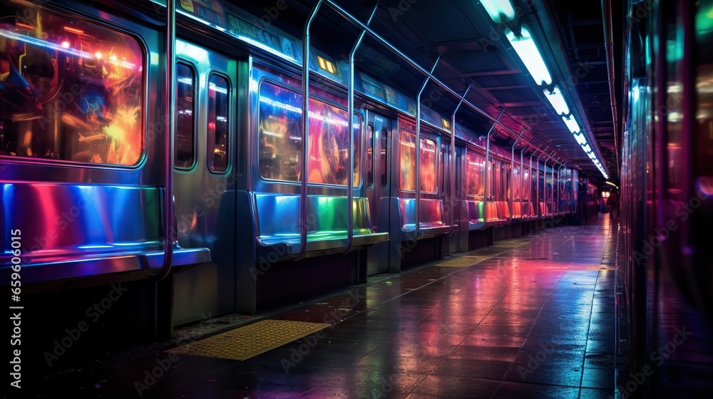  a subway train with colorful lights on the side of it.  generative ai