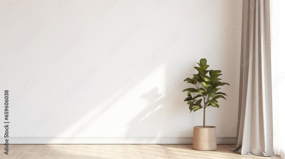 Plant against a white wall mockup White wall mockup with brown curtain plant and wood floor Plant against a white wall mockup White wall mockup with brown curtain plant and wood floor