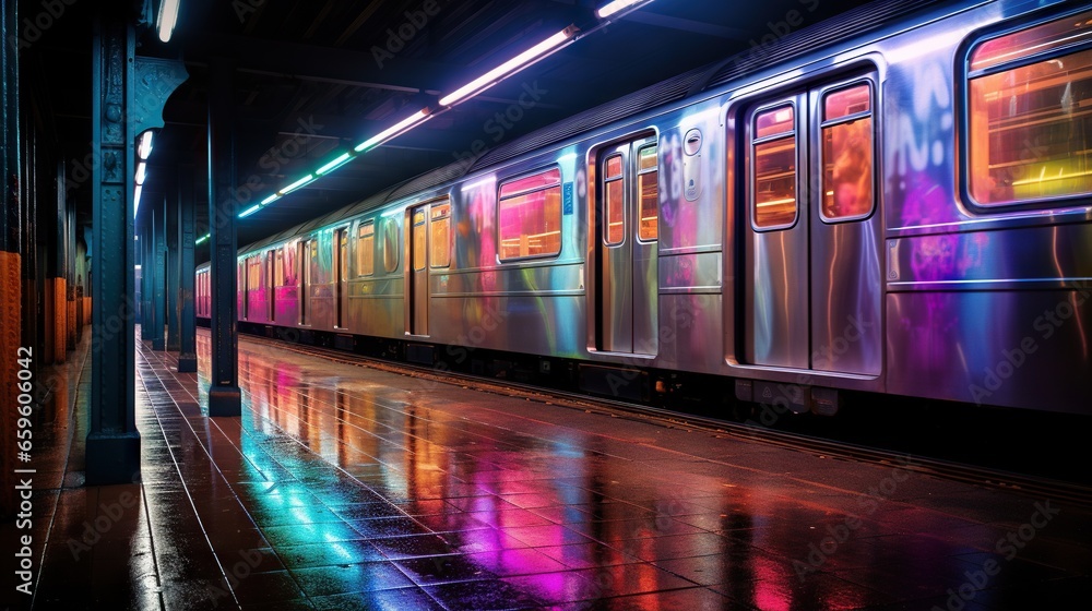  a subway train with colorful lights on the side of it.  generative ai