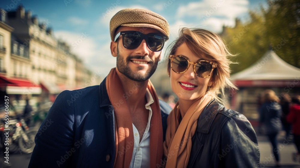 Couple of tourists having fun in the city of Paris. France holidays in warm summer wearther. Couple of tourists having fun in the city of Paris. France holidays in warm summer wearther.