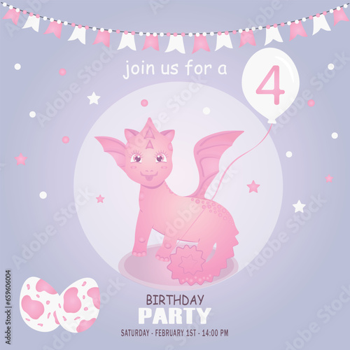 Cute baby girl dragon and dinosaur character, birthday invitation. 4 year. Vector illustration, eps 10 © Liliy