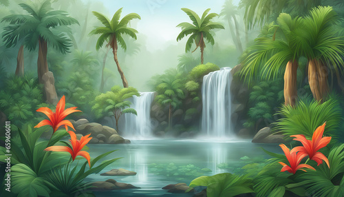 Tropical rainforest waterfall in the jungle landscape. Palm trees pond misty morning flowers and tropics