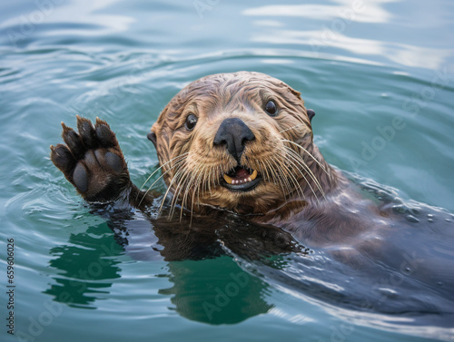 A joyful sea otter enjoying the water as it floats on its back, looking carefree.