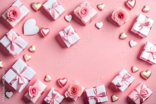 Top view photo of stylish gift boxes with ribbon bows white and pink roses small hearts and sprinkles on isolated pastel pink background with copyspace