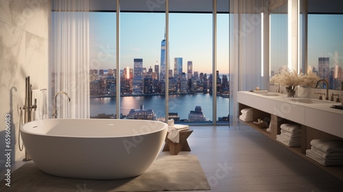 Each bathroom tells a unique story. In a contemporary bathroom, a freestanding soaking tub takes center stage, offering relaxation with a view of the city. © ZUBI CREATIONS