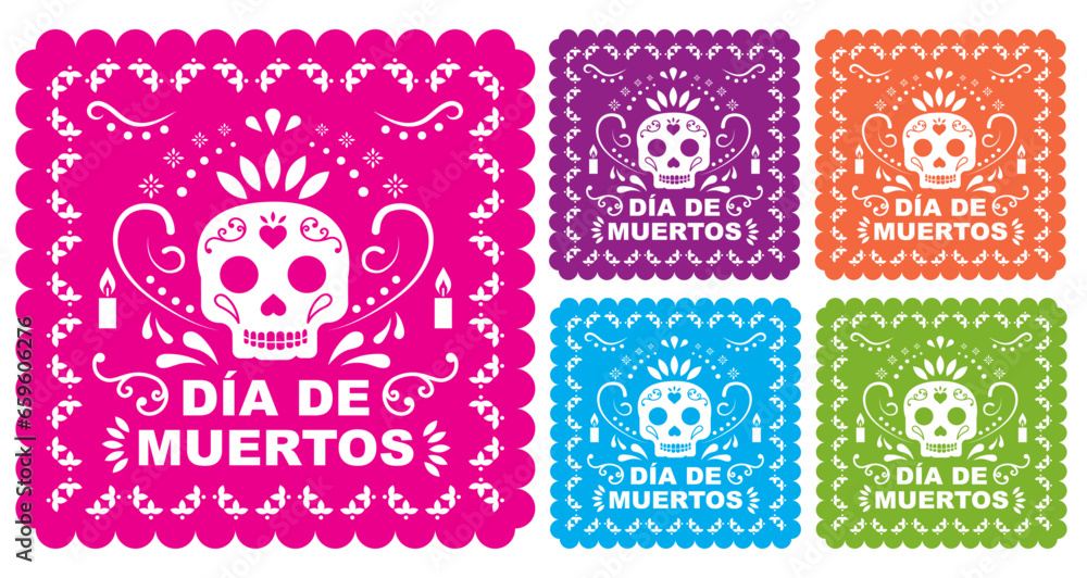 Papel picado cuadrado del día de muertos, con cráneos y ornamentos mexicanos