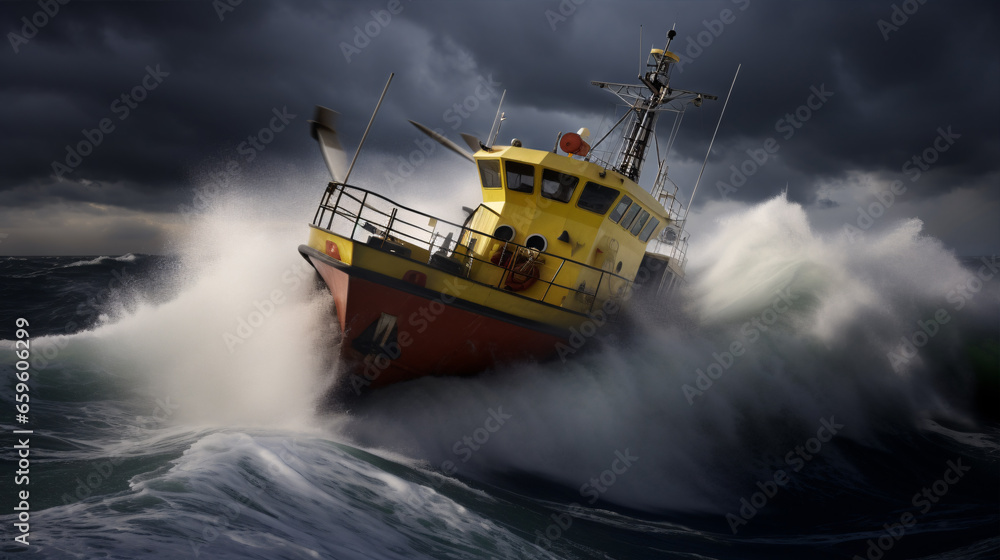 A breathtaking sight of a pilot boat navigating through a turbulent storm.. A breathtaking sight of a pilot boat navigating through a turbulent storm..