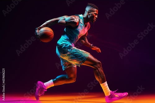 Athletic prowess: Witness an African-American basketball player in dynamic motion, training against a neon-lit background.