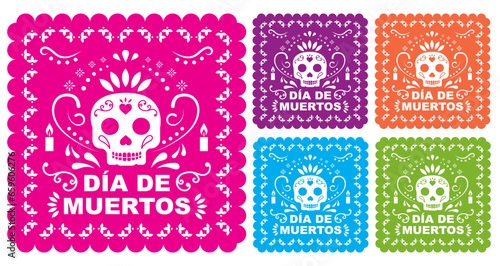 Papel picado cuadrado del día de muertos, con cráneos y ornamentos mexicanos 
