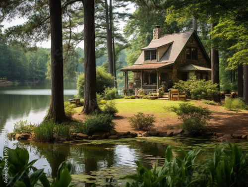 A rustic cottage nestled near a serene lake surrounded by nature, reminiscent of vintage beauty.