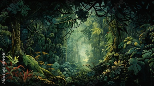  a painting of a jungle with lots of trees and plants. generative ai