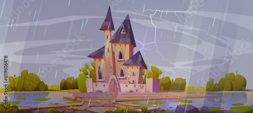 Royal castle with gates, windows and towers in rainy weather. Path to entrance to fabulous medieval palace for king, queen and princess. Cartoon gloomy vector landscape with cloudy sky and lightning.